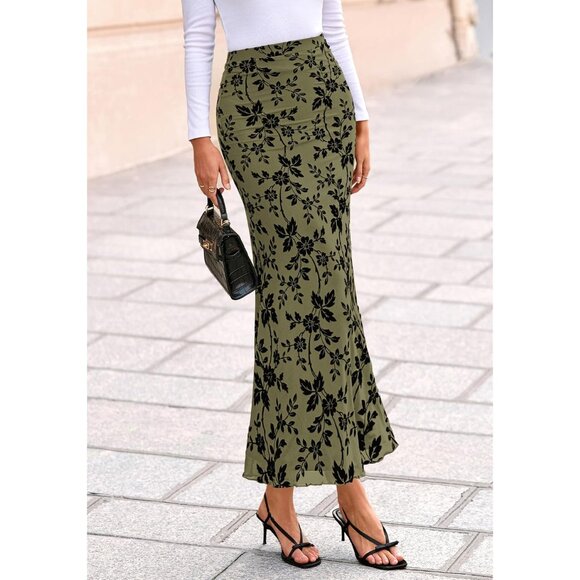 High Waisted Floral Mesh Maxi Skirt - Elegant Mermaid with Lettuce Trim, M Size - Picture 7 of 8